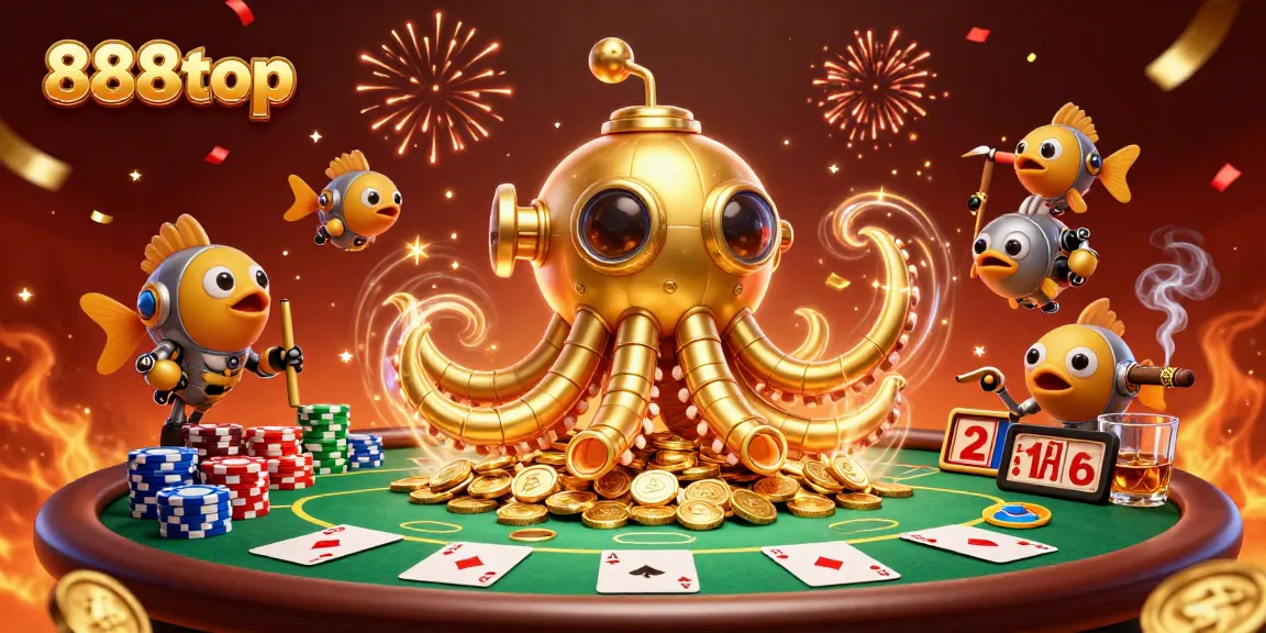 Experience thrilling poker action with 888top and a vibrant casino scene featuring golden kraken and dynamic elements.