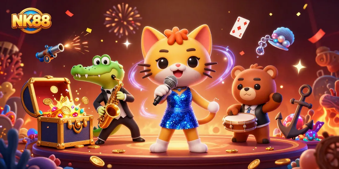 Experience vibrant casino magic at NK88 with a jazzy cat, crocodile, and bear cub!