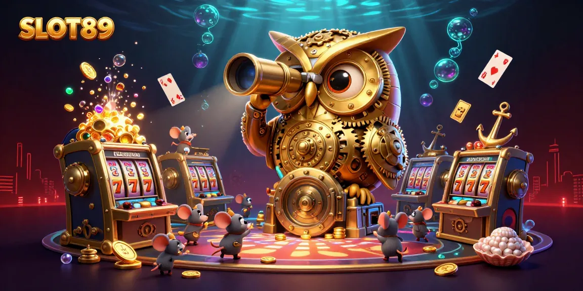 SLOTO89 offers a vibrant casino experience featuring a golden owl and wind-up mice in a packed dynamic scene.