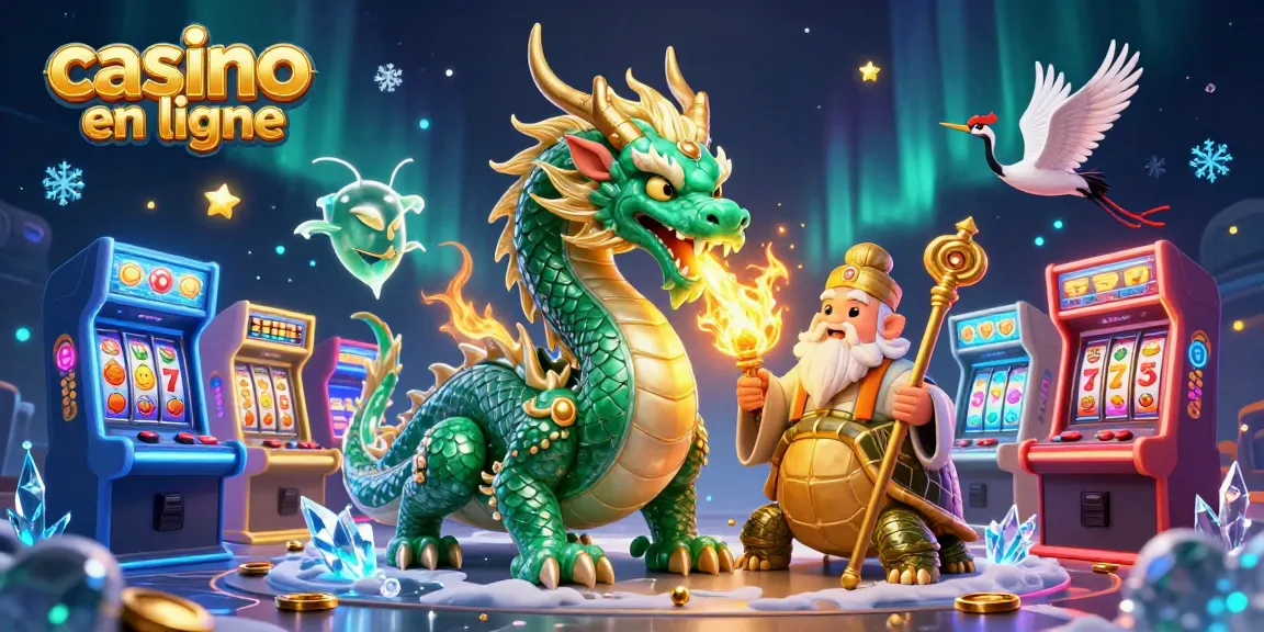 Illustration dynamique de casino en ligne avec des personnages fantastiques et des éléments de jeu animés