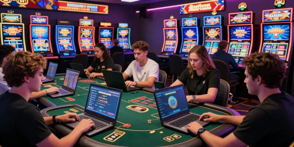 Engaging online gambling players at non gamstop casinos in vibrant virtual casino environment.