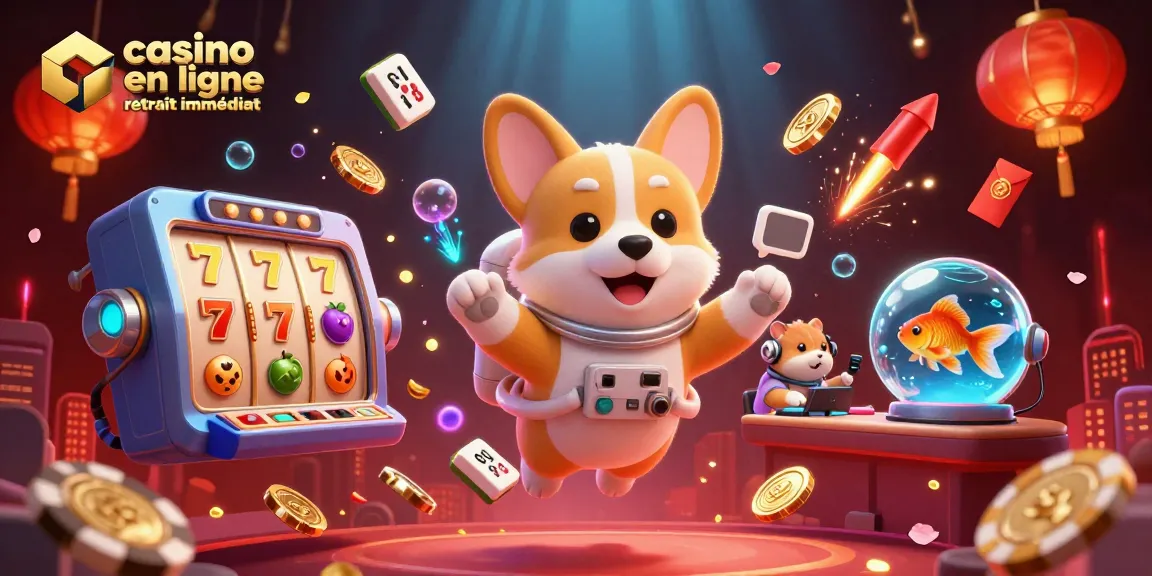 Illustration dynamique de casino en ligne retrait immédiat avec un corgi astronaute flottant parmi des jetons et des pièces d'or.