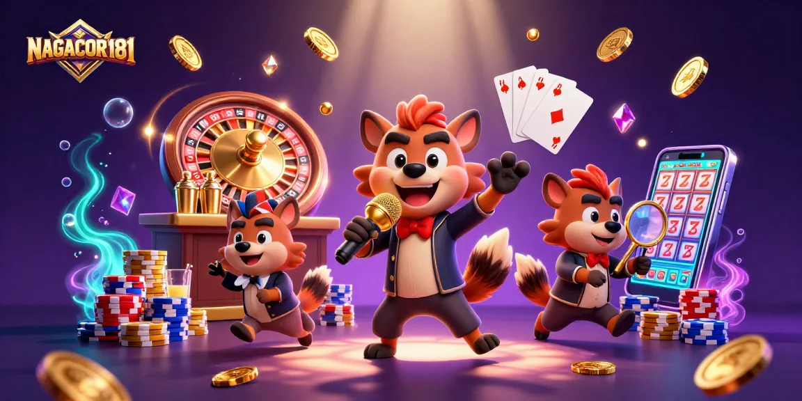 NAGACOR181 showcases a vibrant comedy casino scene with hyenas amidst cascading gold coins and flashing gems.