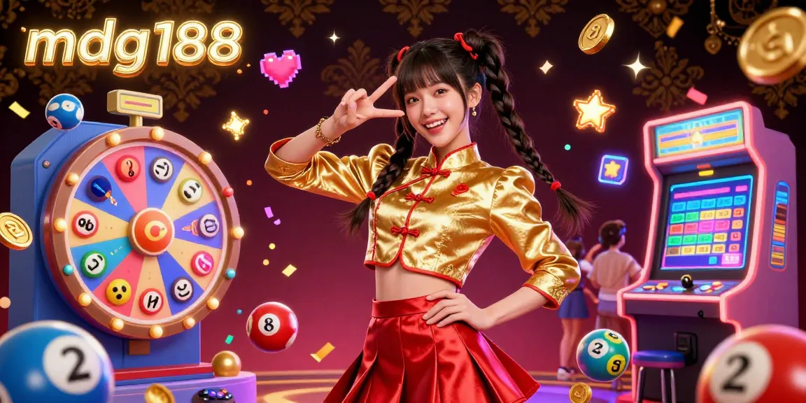 Experience the thrill of mdg188 with vibrant slot gaming elements featuring a lively Asian woman surrounded by colorful prizes.