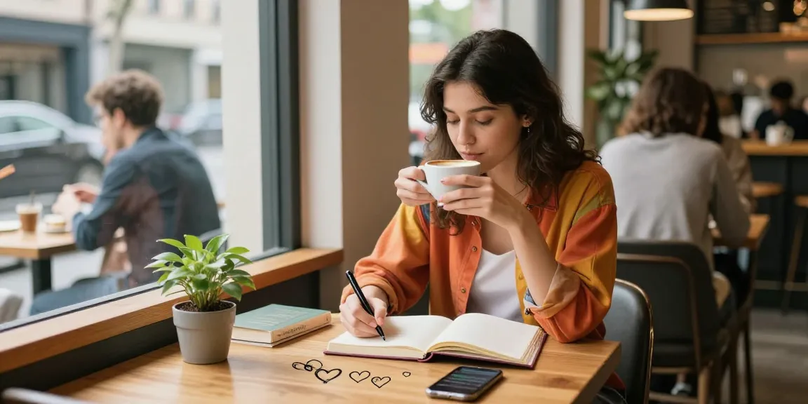 Young woman writing about her crush on a latte in a cozy coffee shop.