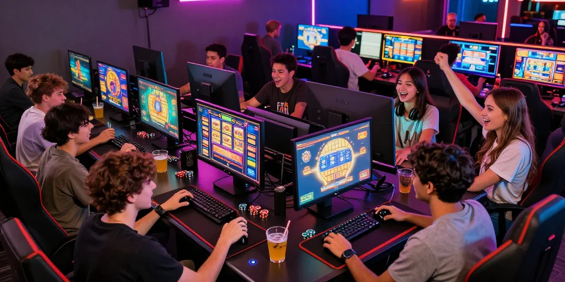 Exciting gaming scene at situs raja with friends enjoying slot games.
