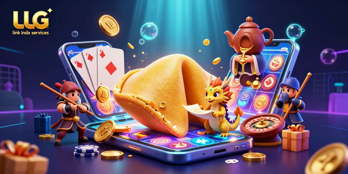 Experience the excitement of LLG link indx services with a vibrant casino scene featuring a golden fortune cookie and game elements.
