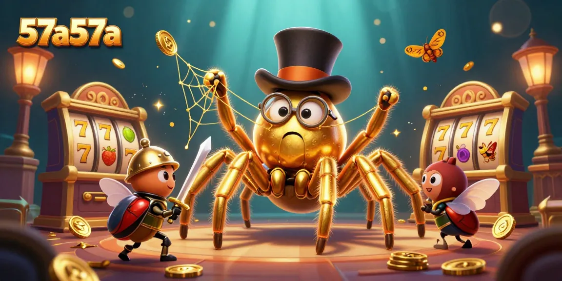 Ilustração 3D do famoso 57a57a com aranha dourada em um cassino cheio de símbolos de frutas sortudos e jackpots.
