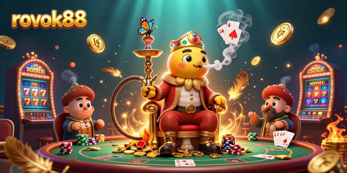 Experience the thrill of rokok88 as a vibrant, cartoonish casino scene unfolds with poker symbols and gold coins.