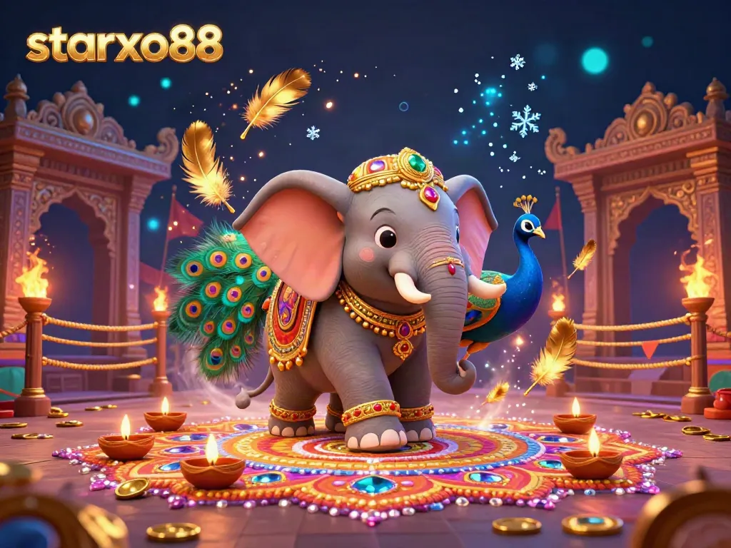 Experience the excitement of starxo88 with an enchanting 3D illustration featuring colorful casino elements and a festive theme.