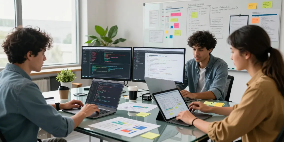 Dynamic team engaging in Custom Software Development Services at a modern office, highlighting collaboration and innovation.