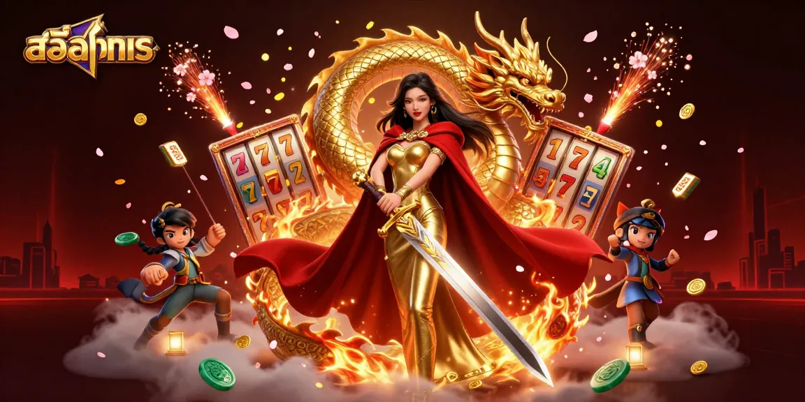 Engage in thrilling สล็อตทดลอง action with stunning visuals of a warrior queen and golden dragon in an exciting casino scene.
