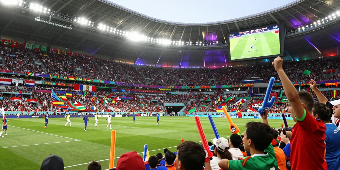 Atmosphère vibrante de la Coupe du monde de football 2026 avec des fans enthousiastes et des joueurs en action.