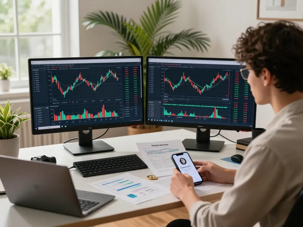 Engaging workspace analyzing passive income crypto strategies with dual monitors and financial reports.
