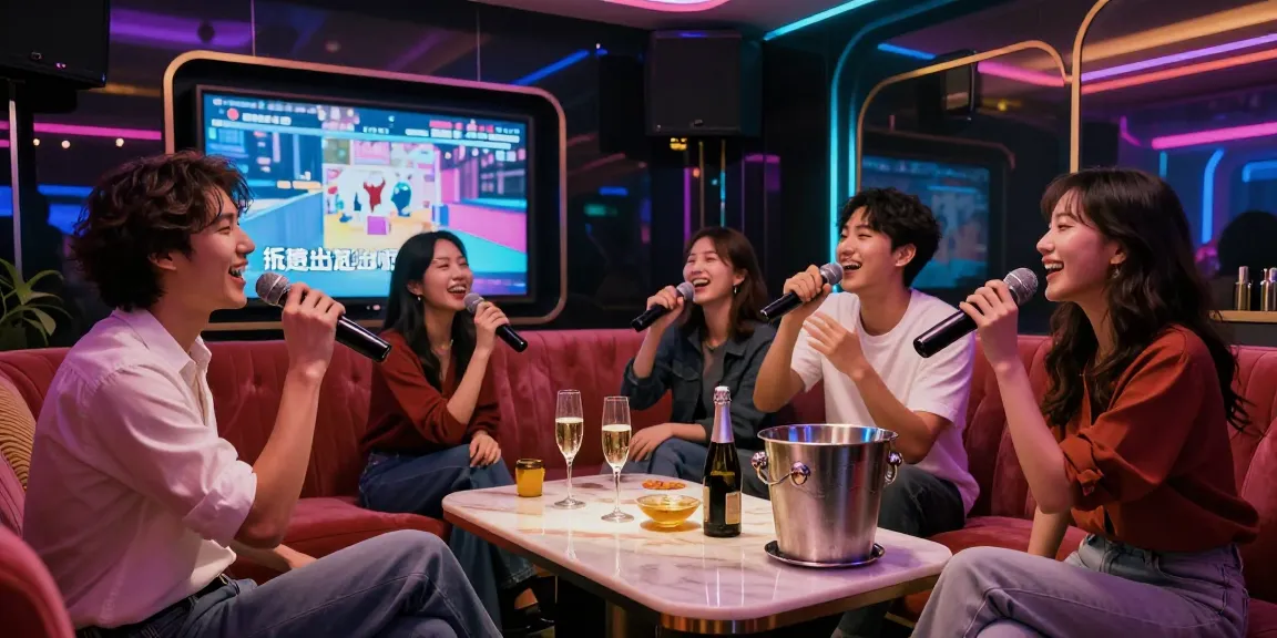 강남가라오케에서 친구들과 즐거운 노래와 음료를 즐기는 화려한 분위기의 카라오케 룸.