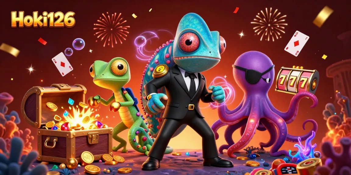 Experience Hoki126 with vibrant characters amidst colorful casino elements and treasures.