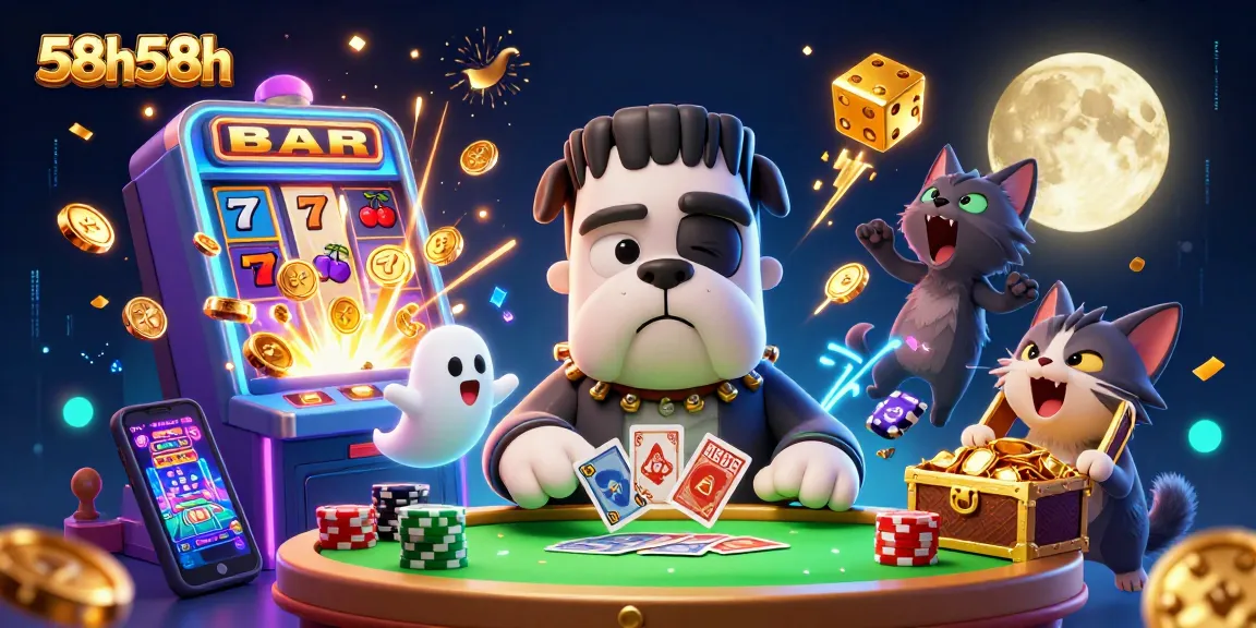58h58h jogando cartas em um cassino animado com personagens icônicos e elementos vibrantes.