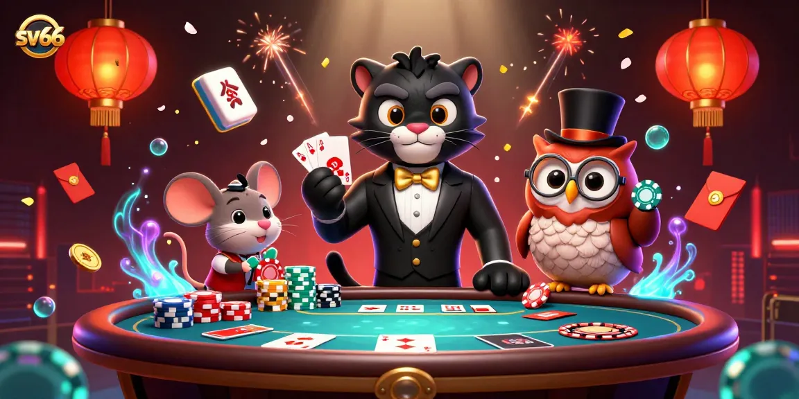 Engage with sv66 as the stylish panther deals cards amidst vibrant casino elements.