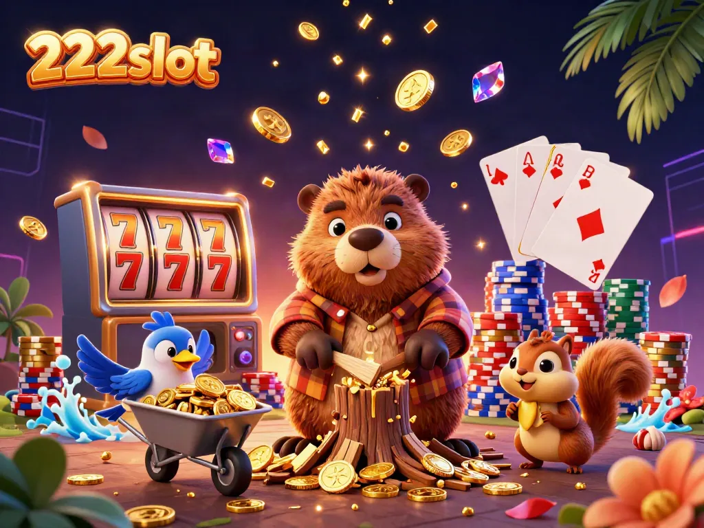 Permainan slot online 222slot dengan beaver mengumpulkan koin emas dan hewan lain.