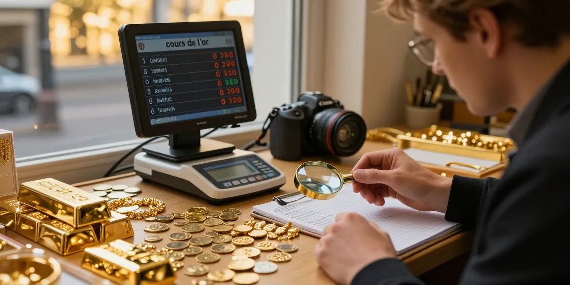Analyse du cours de l'or à Bruxelles avec des pièces et lingots en or sur la table