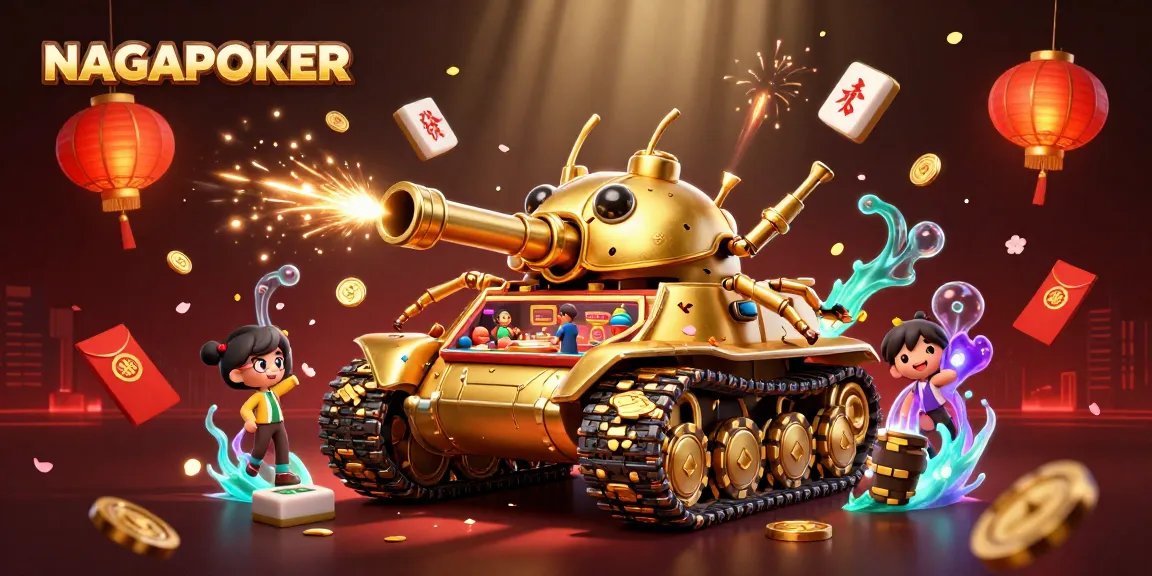 NAGAPOKER showcases a vibrant 3D casino scene with a golden beetle tank and festive elements.