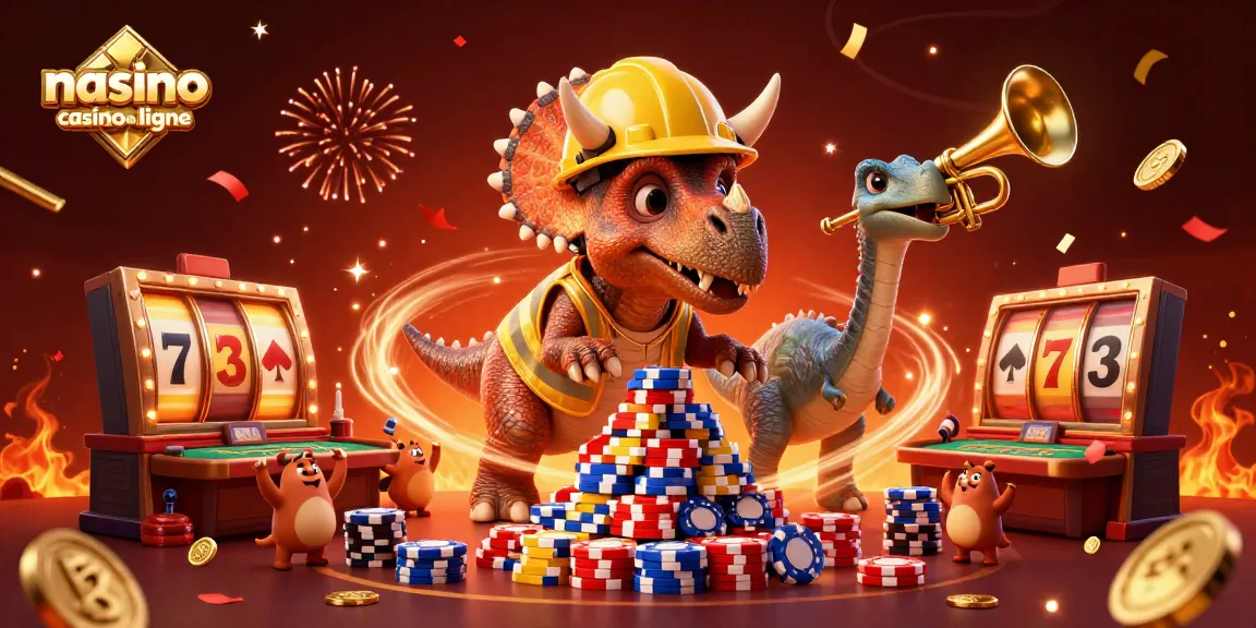 Un nouveau casino en ligne vibrant avec un triceratops et une scène de célébration de jeux.