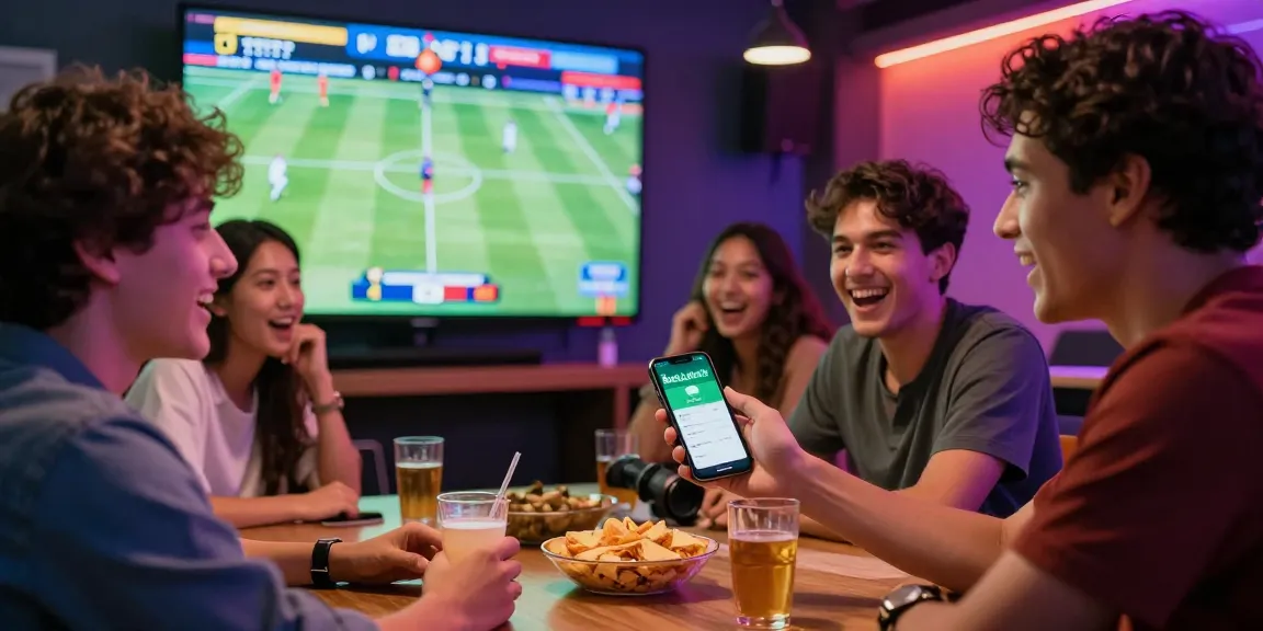 Freunde genießen Live-Sportwetten auf BetLabel in einer lebhaften Umgebung.