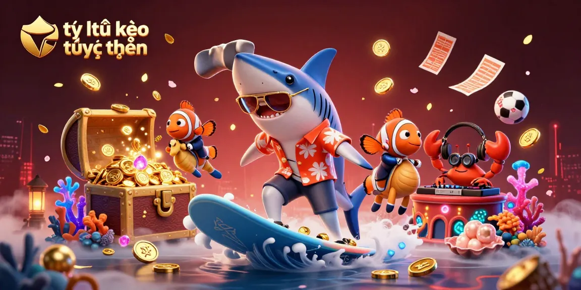 Watch the 3D shark surfing on gold coins while showcasing tỷ lệ kèo trực tuyến for online betting.