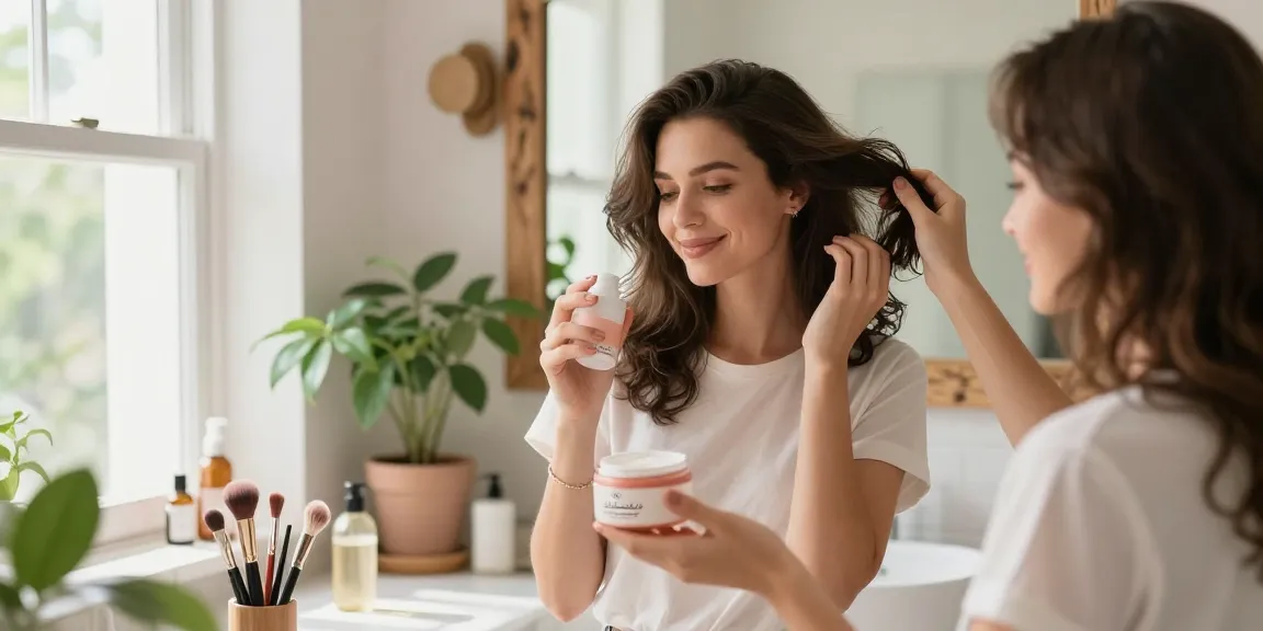 Applying بودرة تكثيف الشعر in a bright bathroom for hair volume and style.