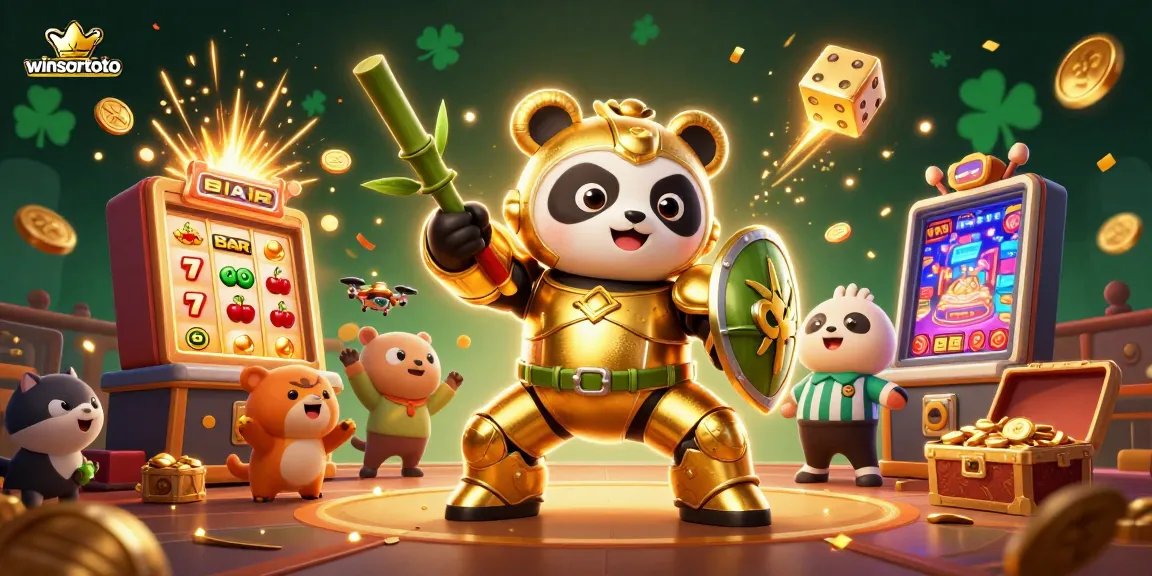 Memainkan slot jackpot di winsortoto dengan panda emas dan elemen kasino berwarna-warni lainnya.