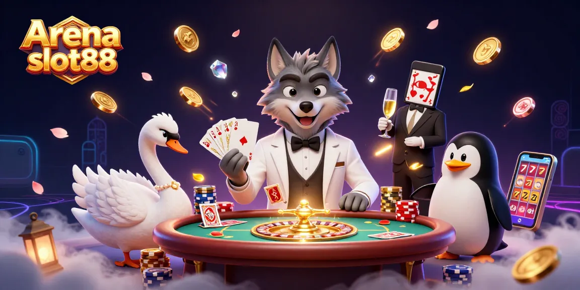 Memainkan Arena slot88 dengan kartu dan champagne pada acara kasino elegan.