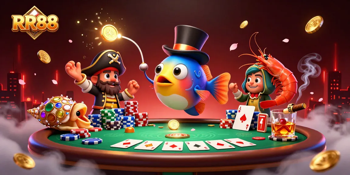 Engage with the thrilling world of RR88, where a deep-sea anglerfish attracts golden coins amid a vibrant poker scene.