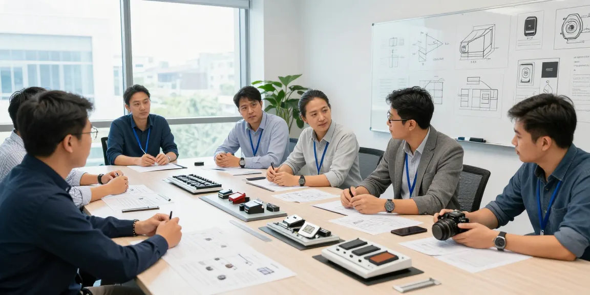 Engineers discussing panel switch designs in a modern office setup with prototypes and technical drawings.