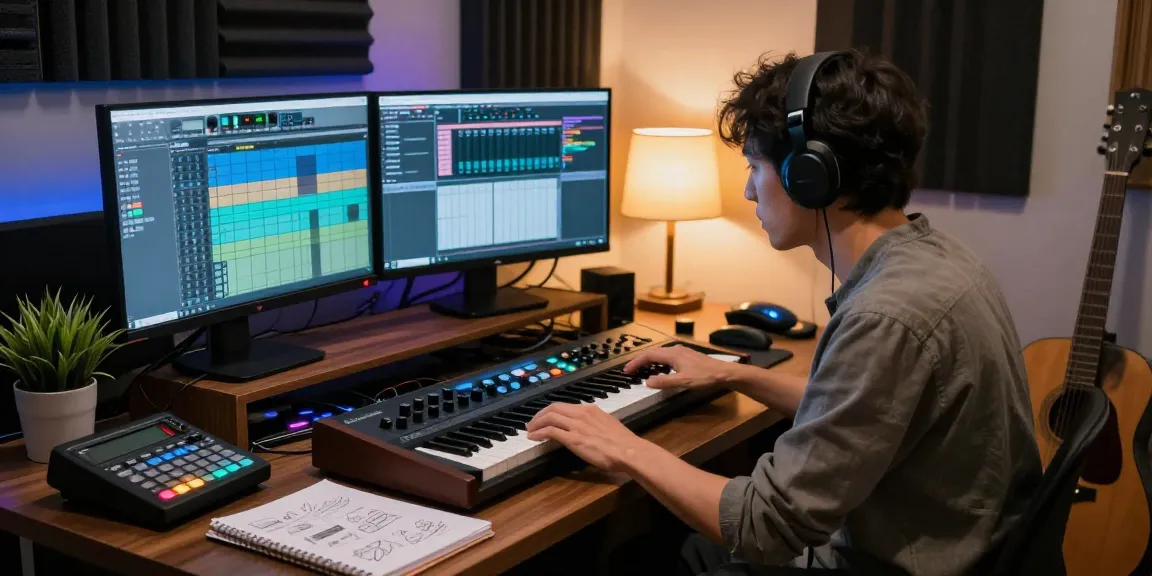 Musician using SC88 sound module in a vibrant music production studio.