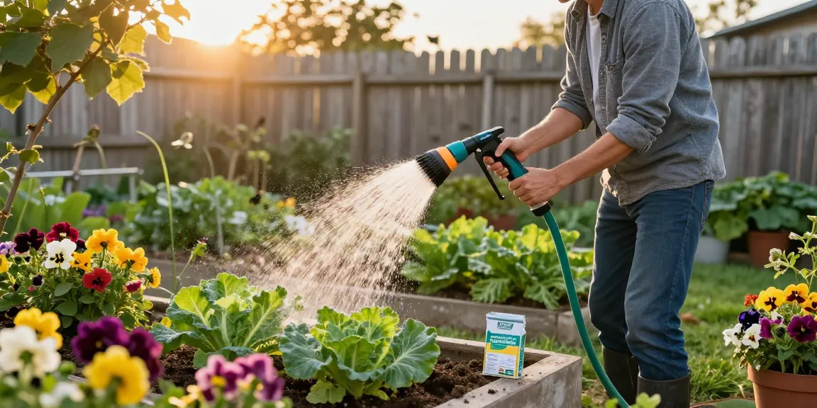 Gardener using the best hose nozzle to water a vibrant vegetable patch in the warm glow of sunset.
