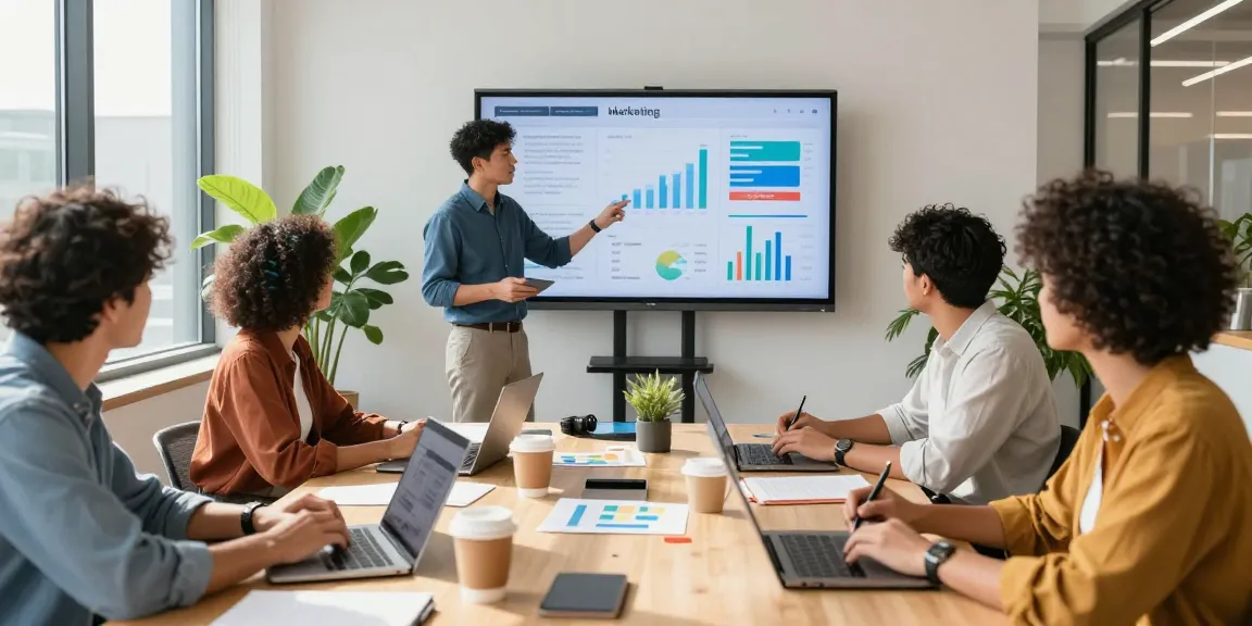 Dynamic digital marketing agency team collaborating on strategy with analytics displayed, fostering innovation and creativity.
