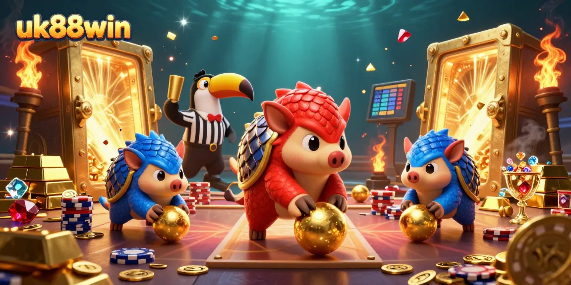 uk88win's exciting 3D casino scene with pangolins and vibrant game elements showcasing lively action.