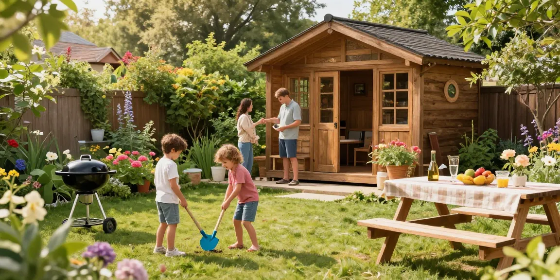 Gartenhaus Holz umgeben von bunten Blumen und einer spielenden Familie im Garten.