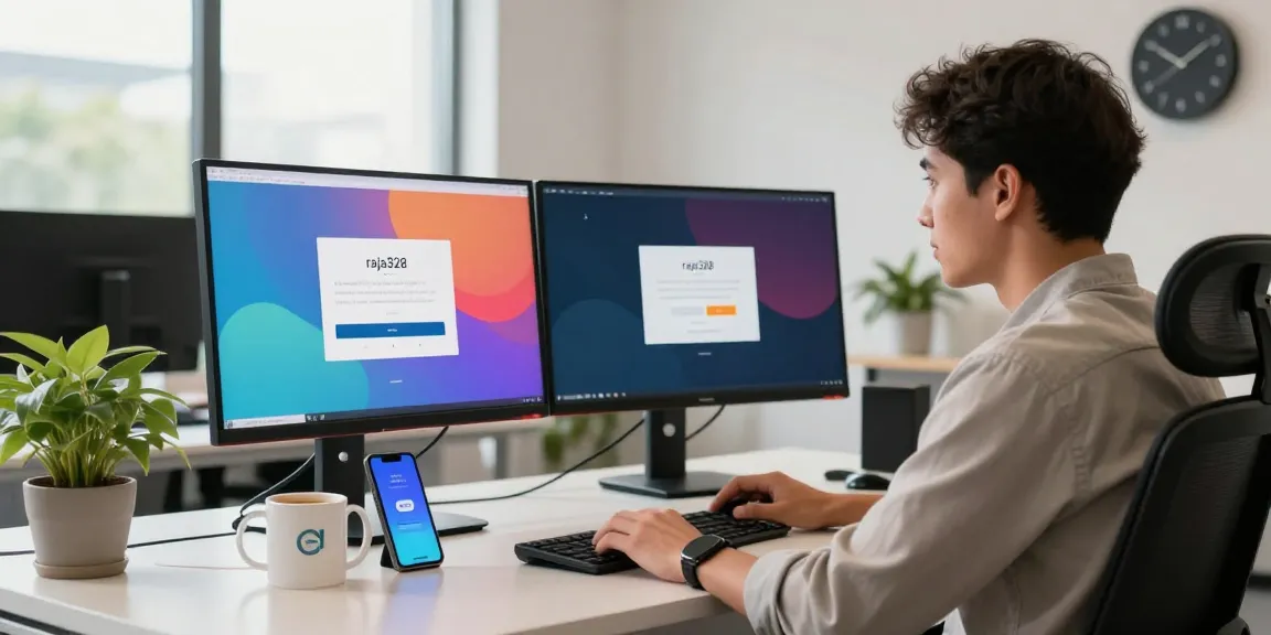 User engaged with login raja328 application on dual monitors in a modern workspace, professional atmosphere with tech elements.