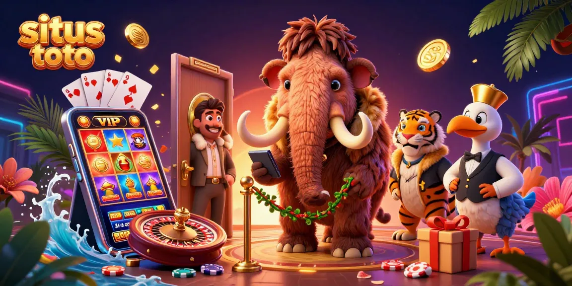 Situs toto casino scene with cartoon characters and dynamic slot game elements.