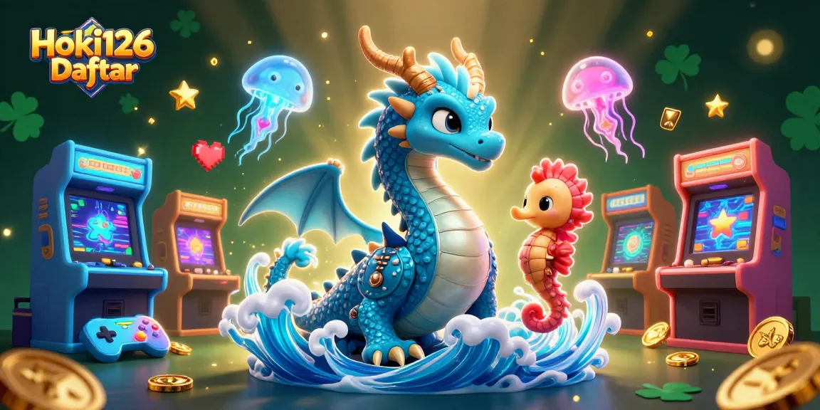Hoki126 Daftar menampilkan ilustrasi kasino 3D dengan naga air, kuda laut dan medusa berwarna neon.