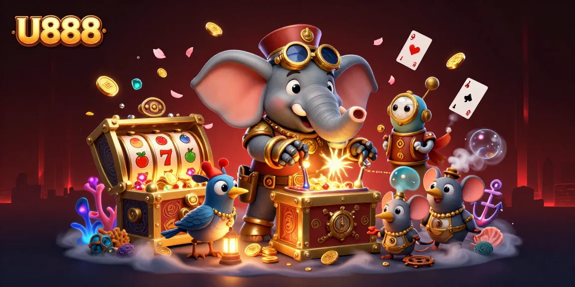 Spin the U888 slot machine with vibrant steampunk characters and treasures in a dynamic casino scene.