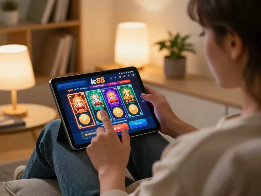 Engaging gameplay on the app lc88 shows vibrant casino games on a tablet in a warm, cozy setting.
