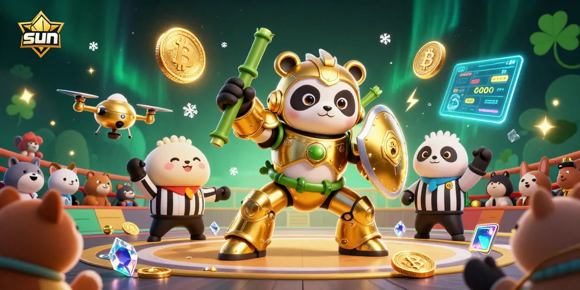 Engage in sun-themed gaming strategy with a golden panda battling in a digital casino arena.
