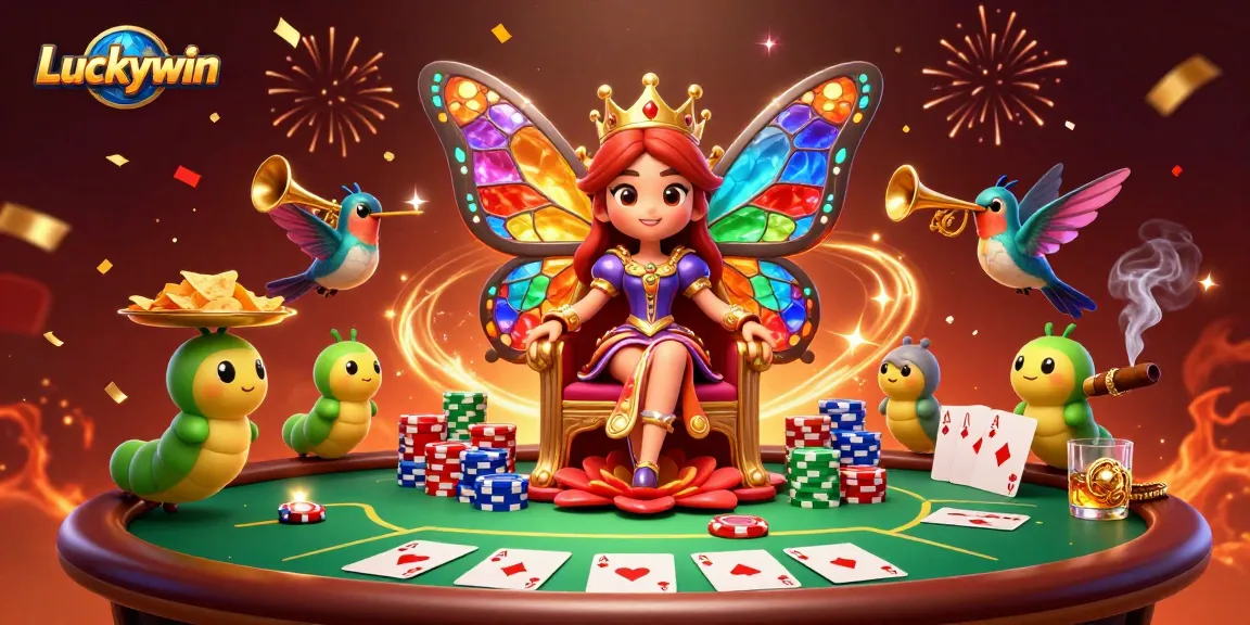 Experience Luckywin's vibrant casino adventure with a butterfly queen and rich poker elements.