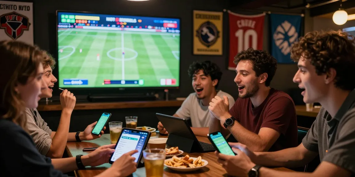Situs Taruhan Bola Terpercaya scene with friends enjoying live betting and sports excitement.