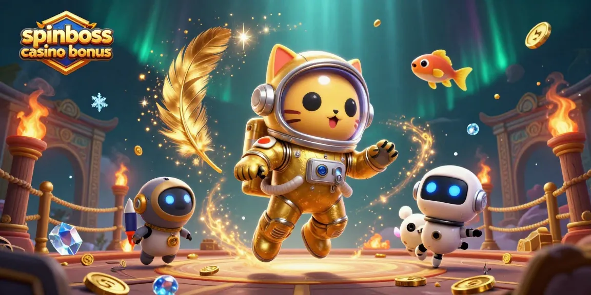 Jouer avec le bonus SpinBoss Casino, un chat astronaute et un chien robot en action.