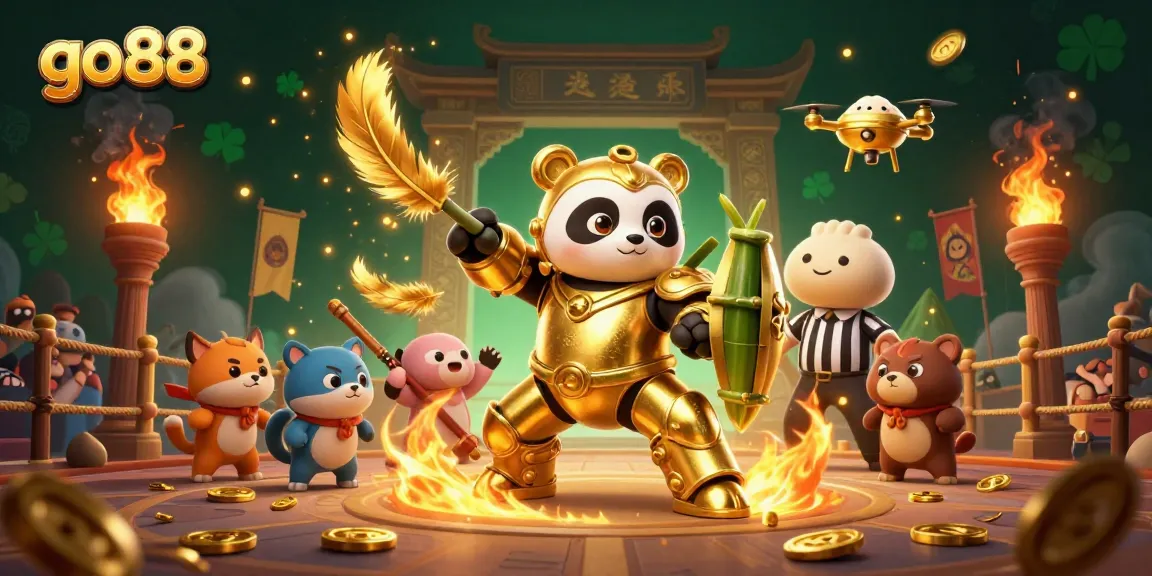 Experience thrilling gameplay with go88 as golden panda and robot engage in an energetic arena battle.