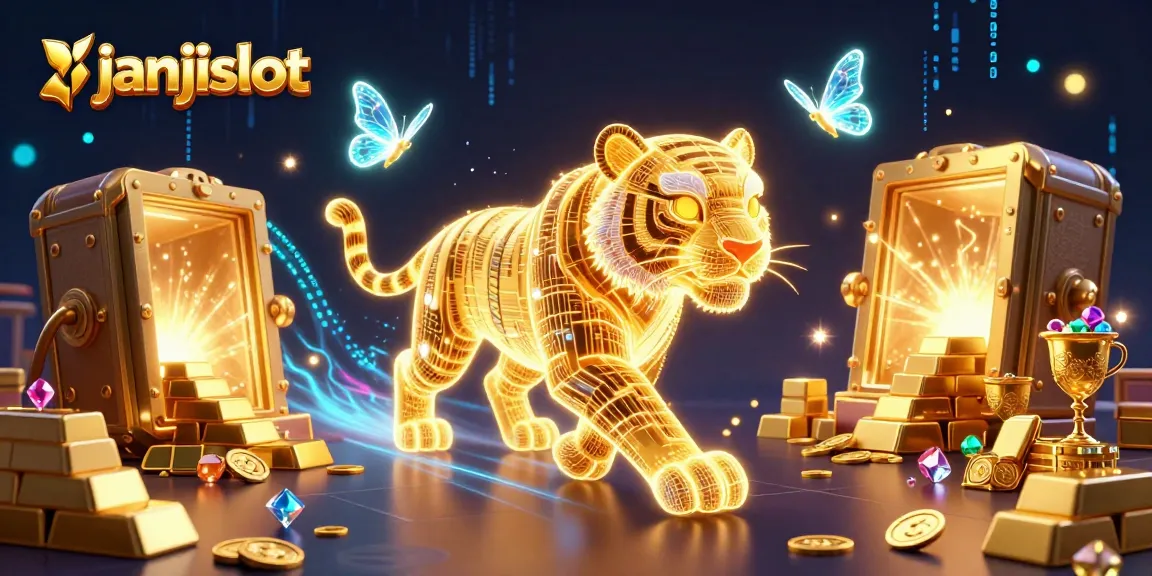 Experience the thrill of janjislot with a vibrant digital casino illustration showcasing a neon tiger and treasures.