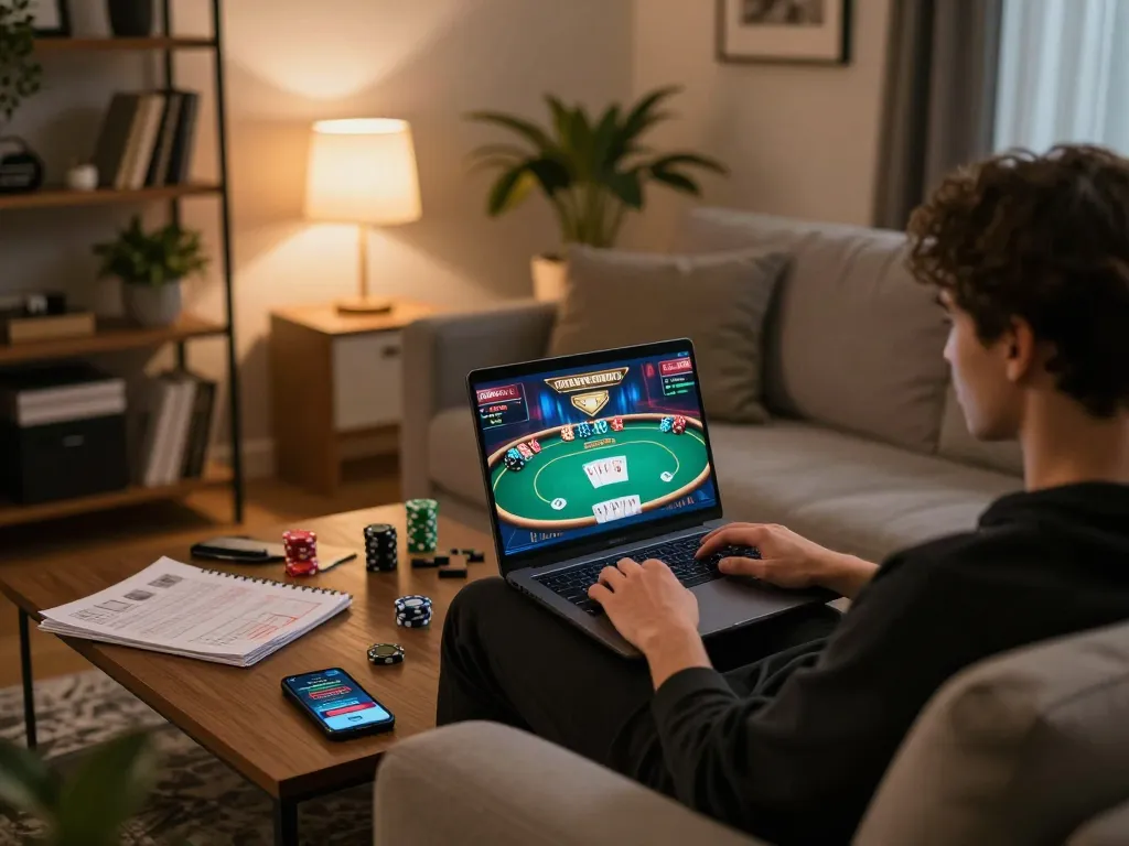 Player engaging in MM99 online casino gaming, showcasing laptop interface with poker game details and comfortable home setting.